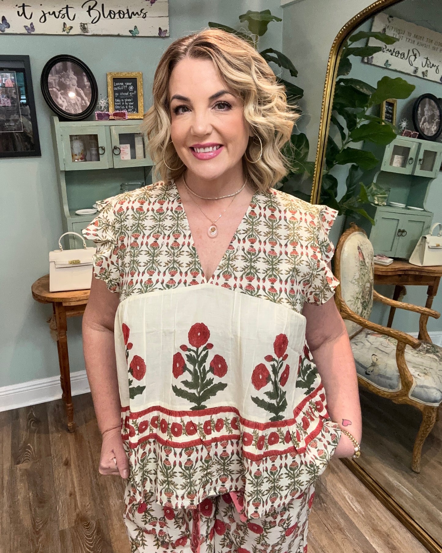 Cream and Red Multi Print Flutter Sleeve