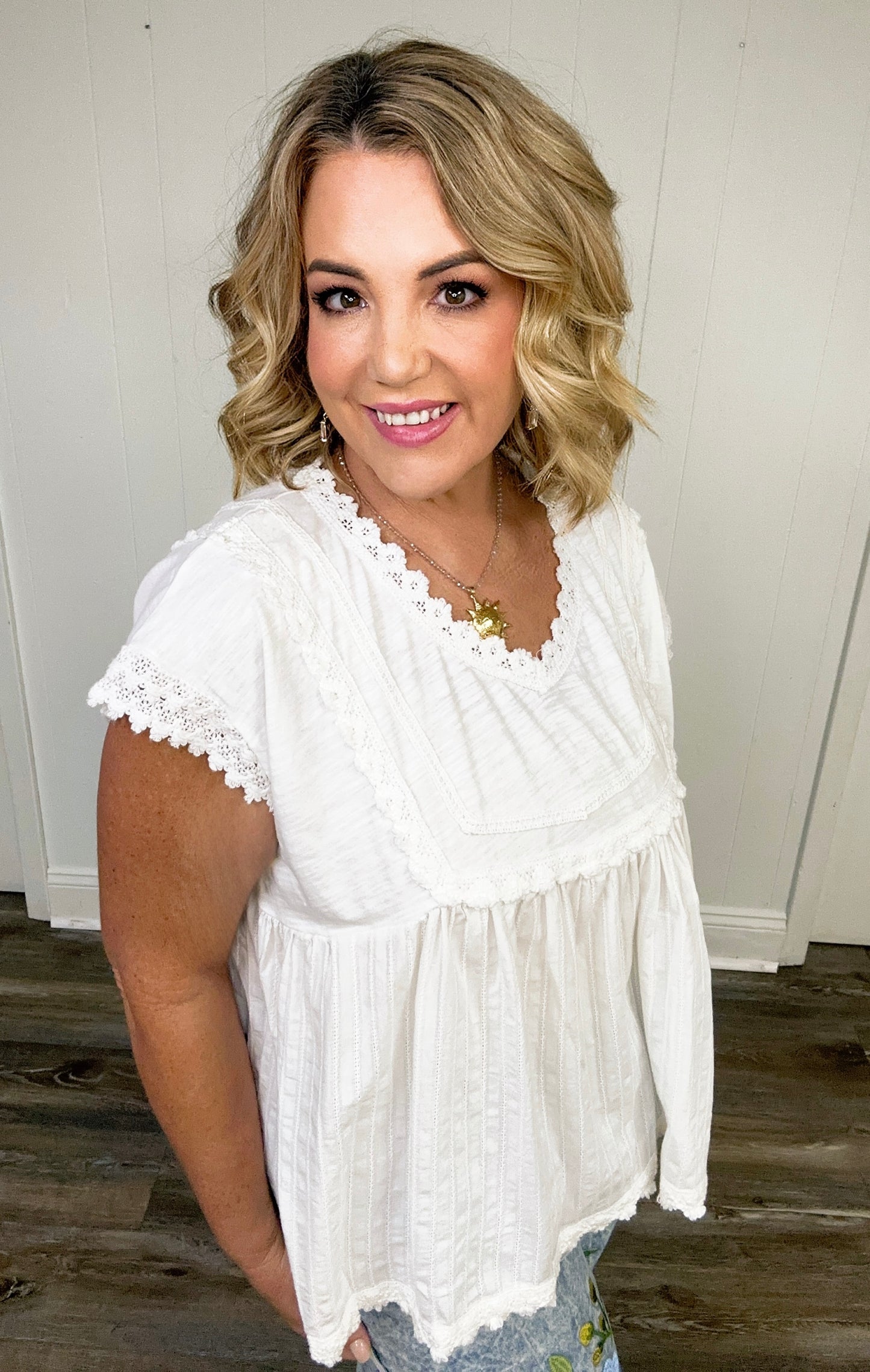Ivory V-neck with Lace Detail