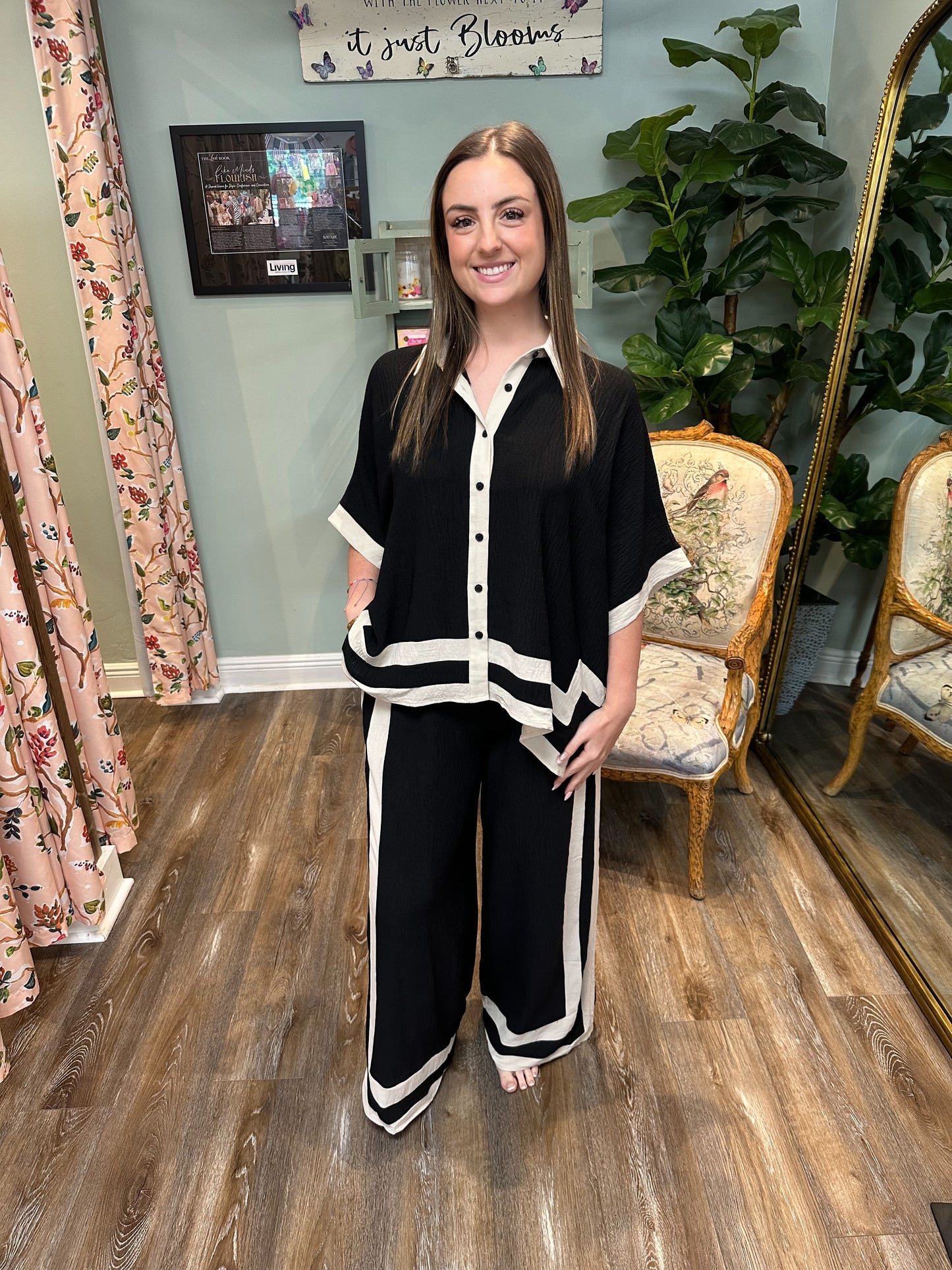 Black and Cream Trim Pant Set