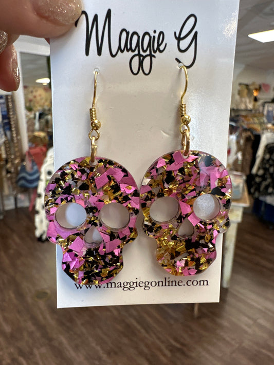 Pink Glitter Skull Earrings