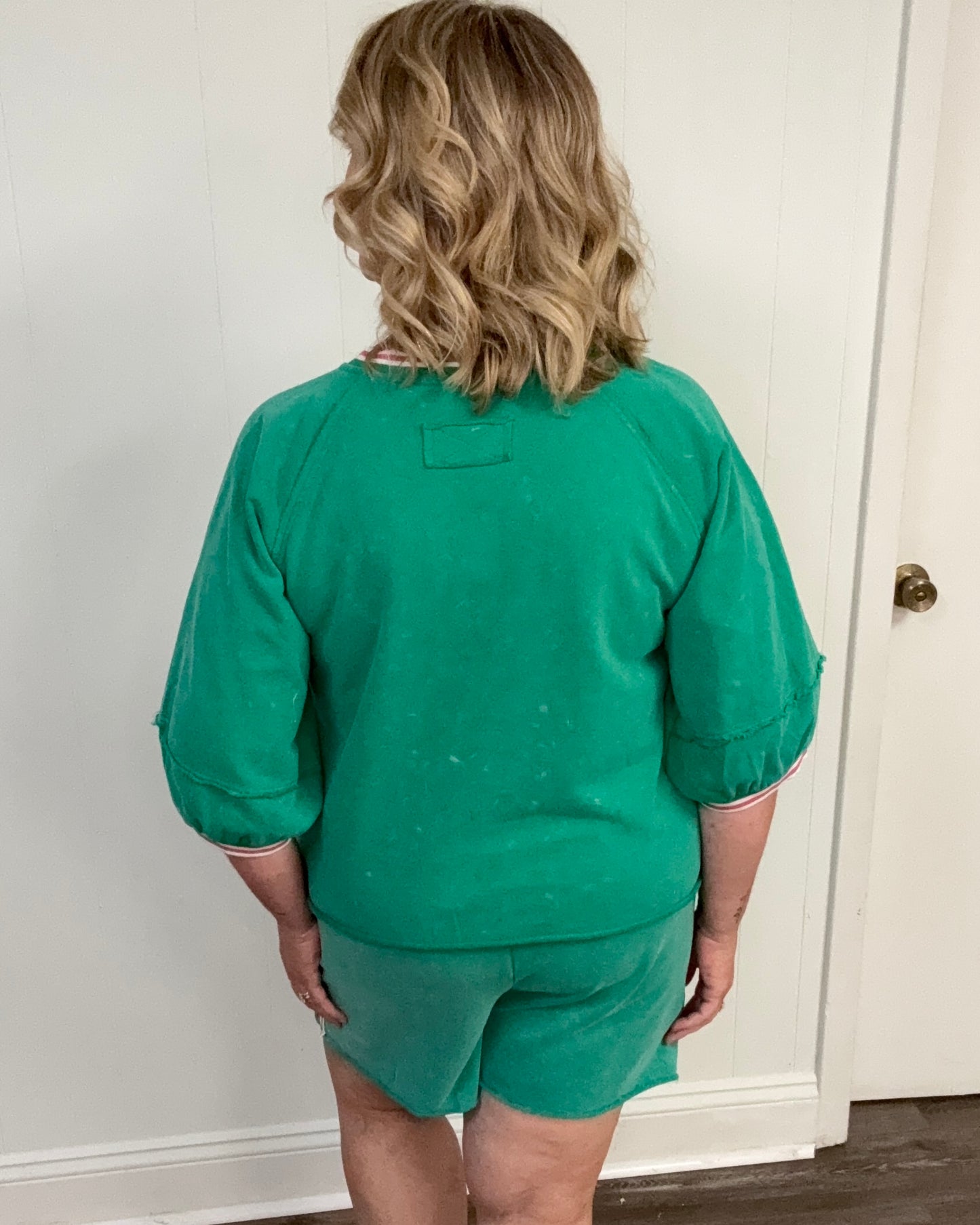 Green Cotton Top with Pink Stripe Detail
