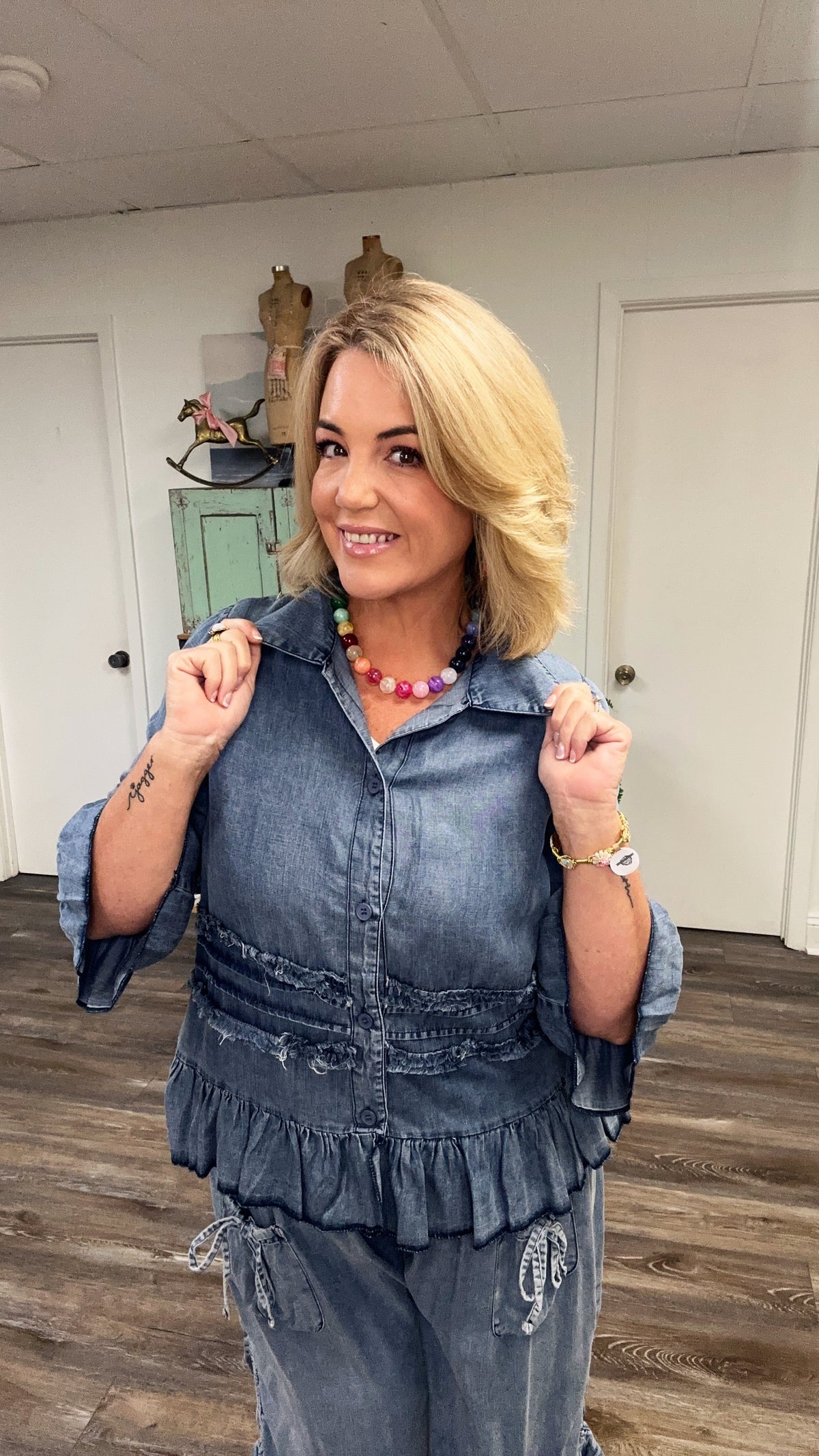 Chambray Shacket with Ruffles