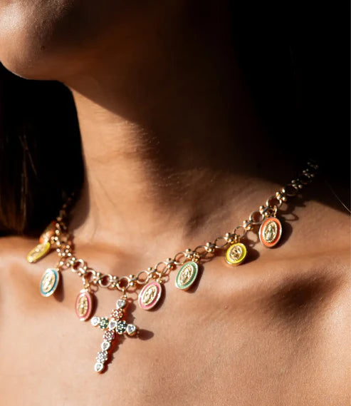 Catholic Necklace with Multicolor Virgin Mary Medals and Cross