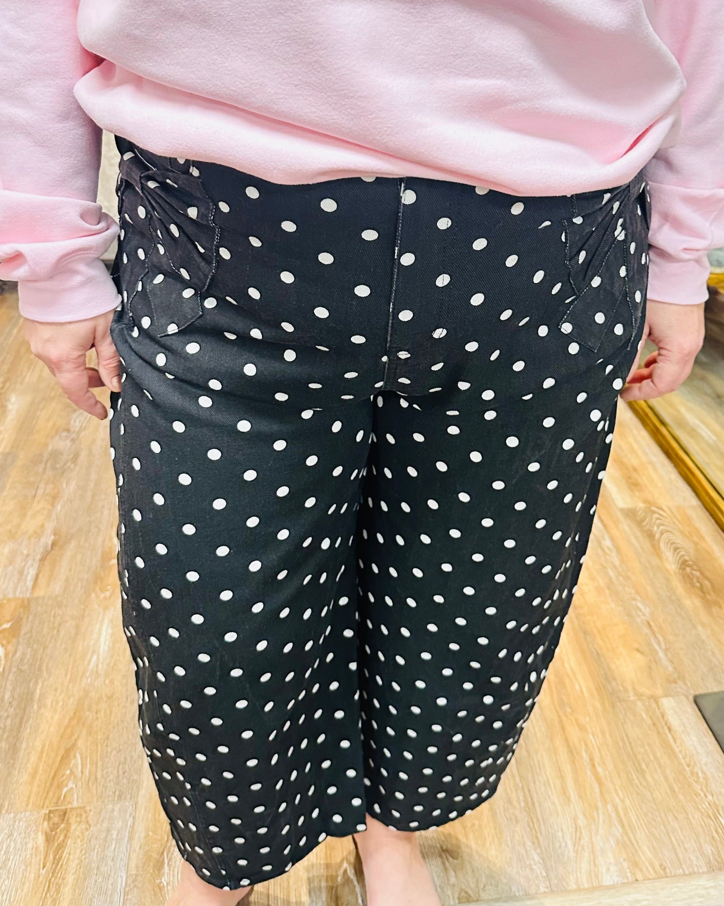 Relaxed Fit Black Polka Dot Pants with Bow