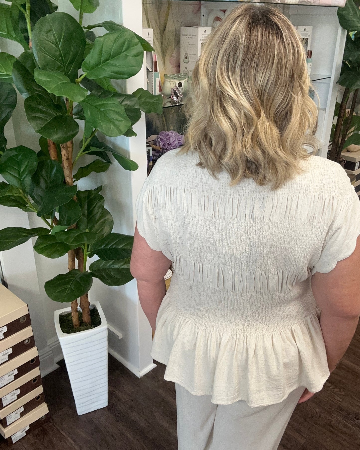 Linen Blend Smocked Peplum