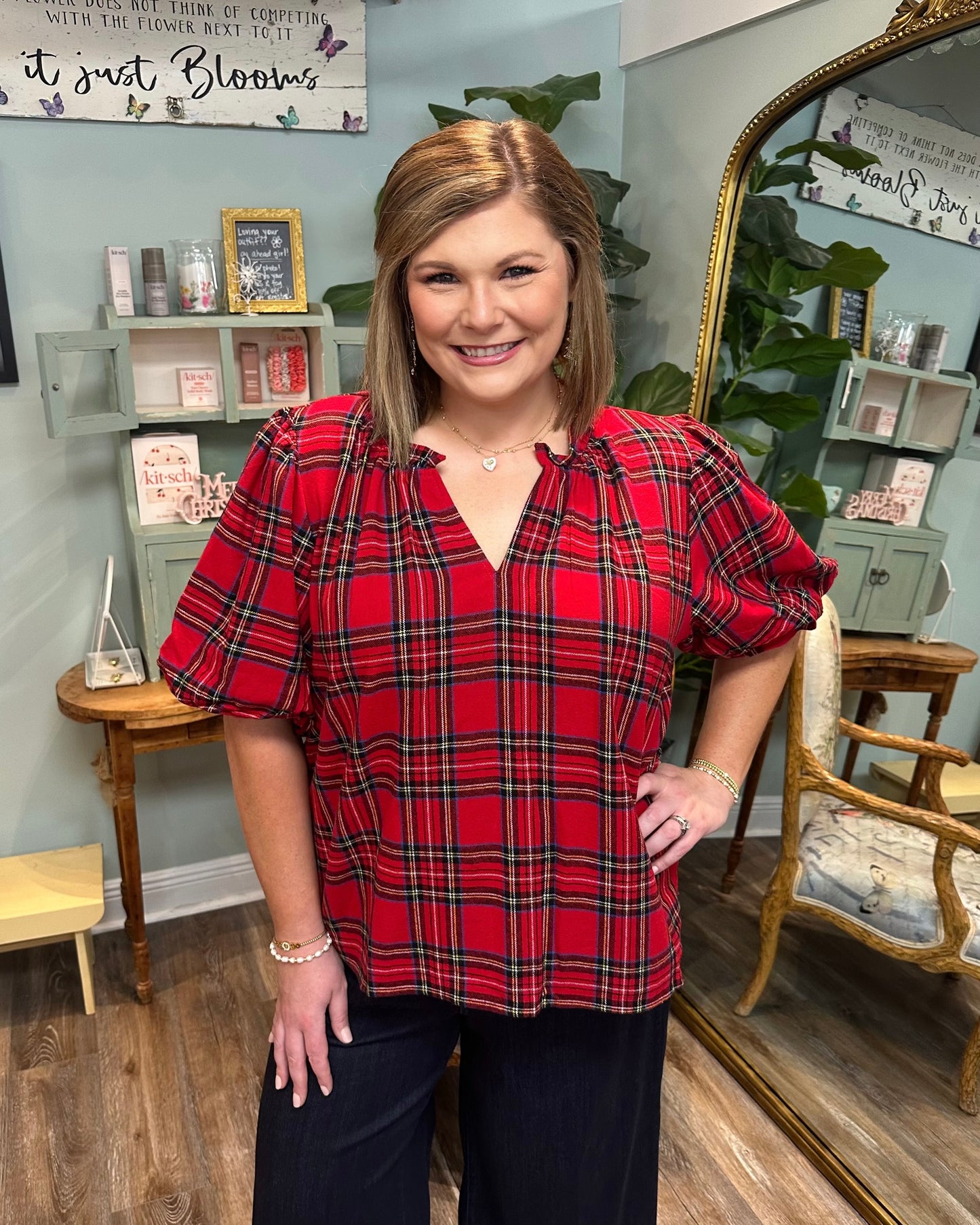 Red Plaid Balloon Sleeve Top