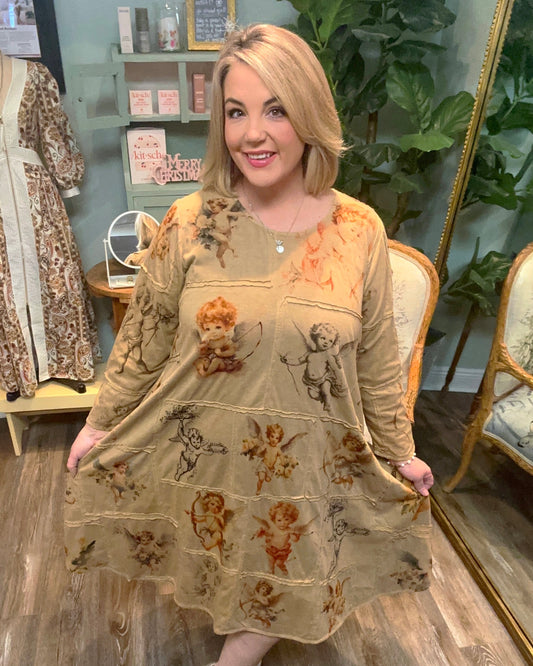 Angel Print Patchwork Dress - Natural Tea