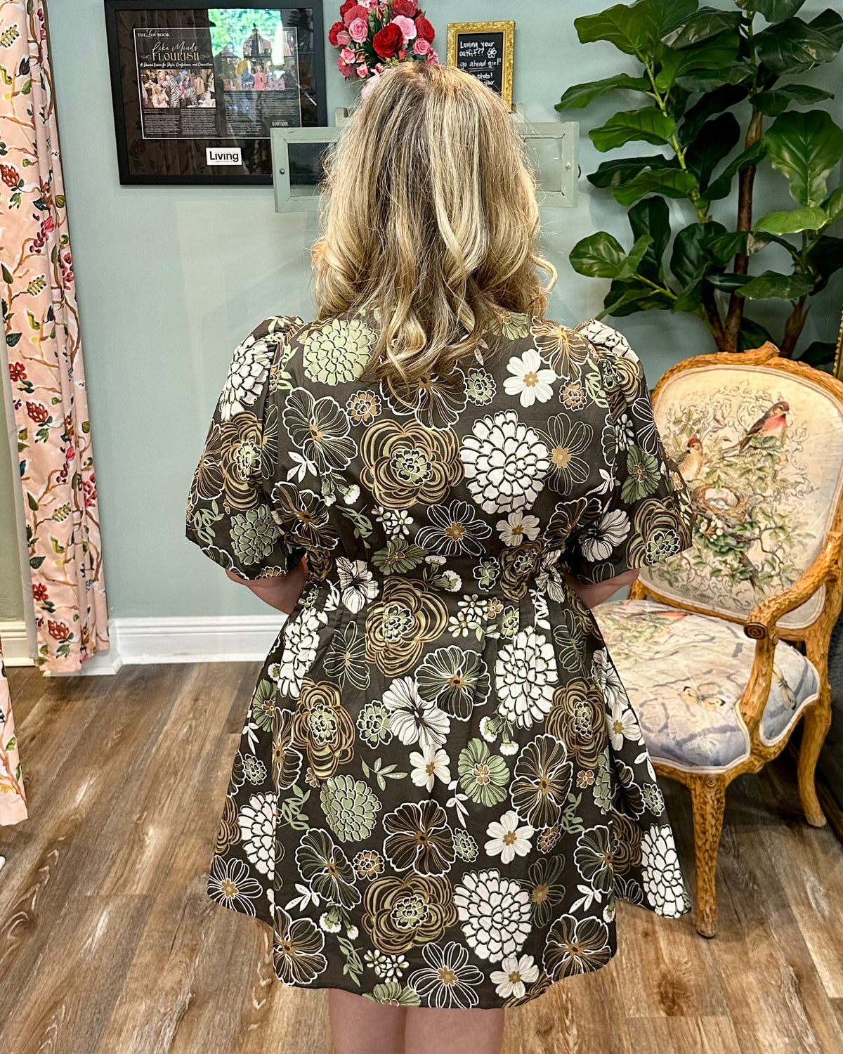 Floral Puff Sleeve Dress - Green