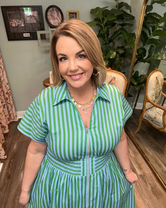 Green and Blue Striped Zip Dress with Cinched Waist