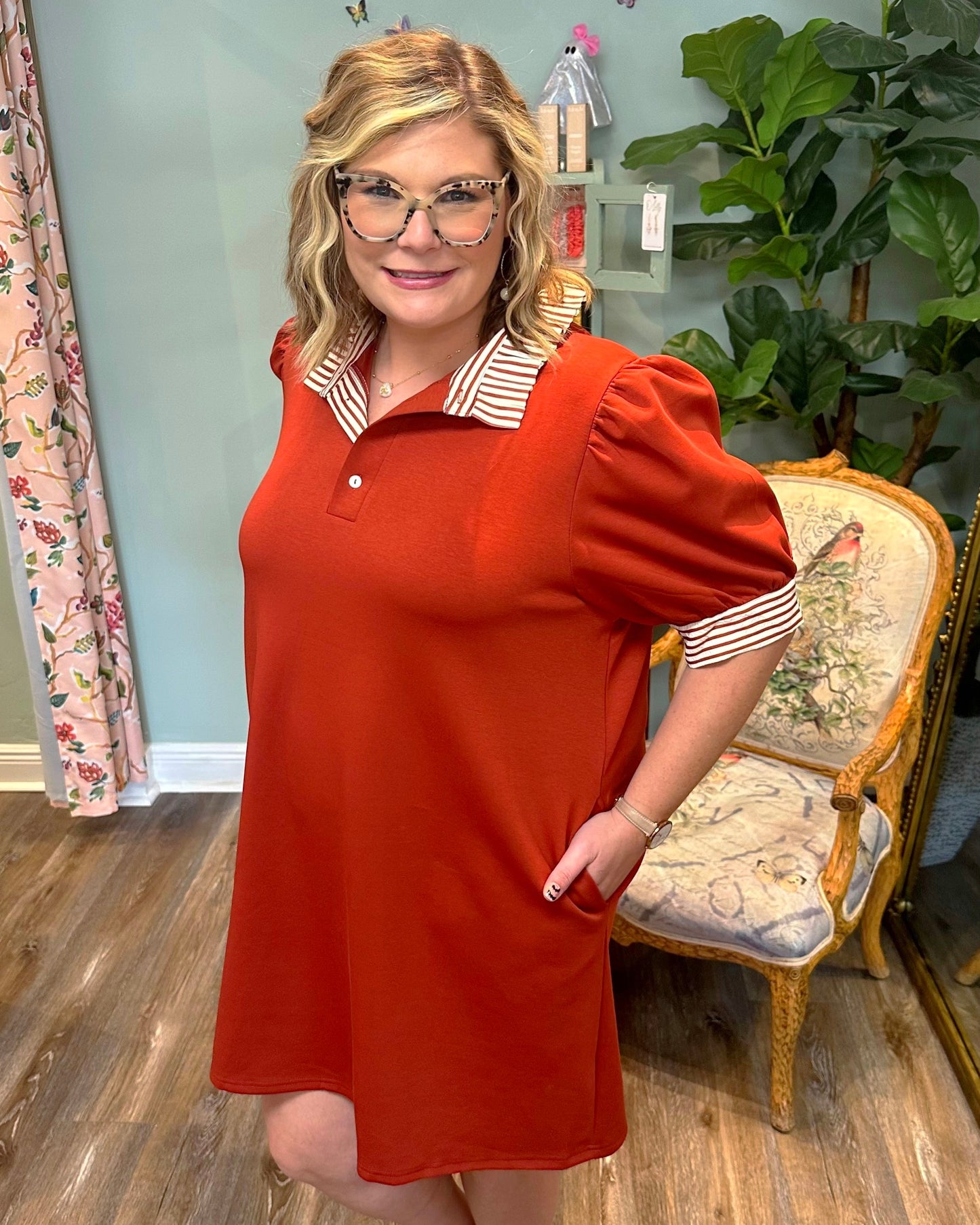 Rust Striped Collared Dress