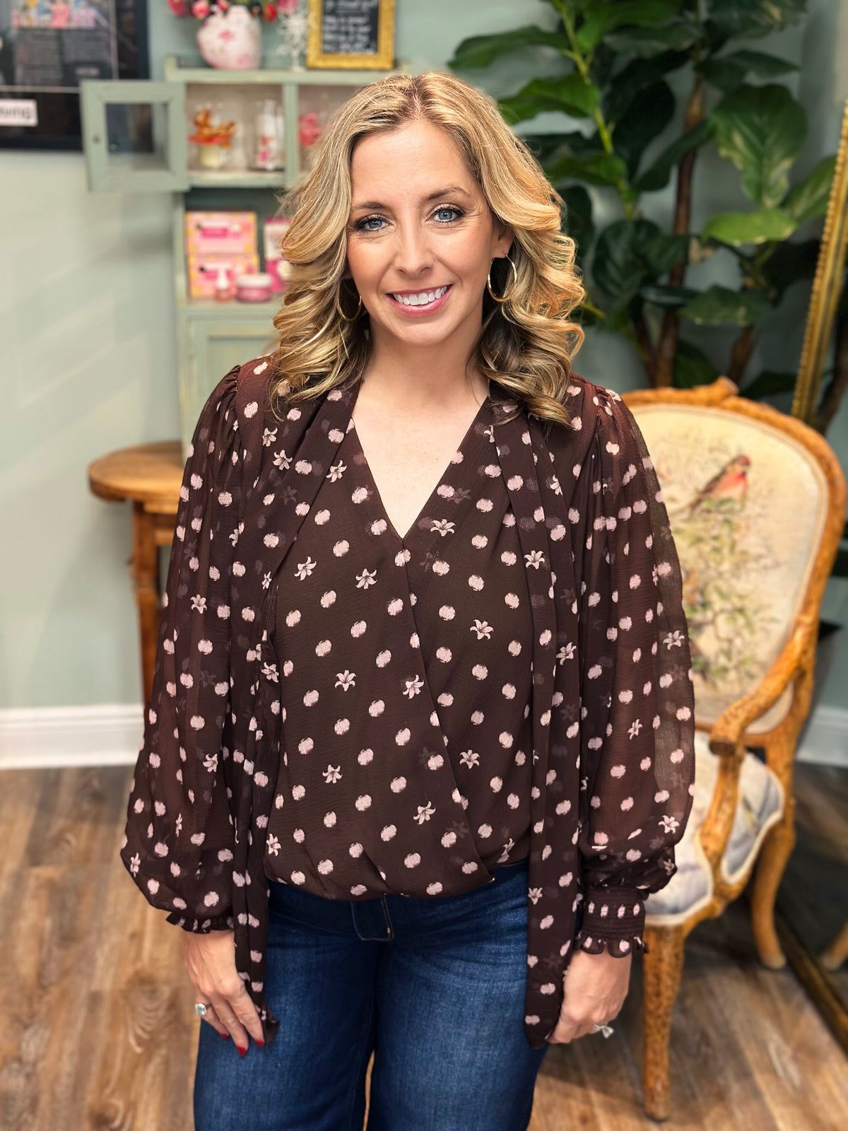 Brown & Pink Balloon Sleeve Blouse