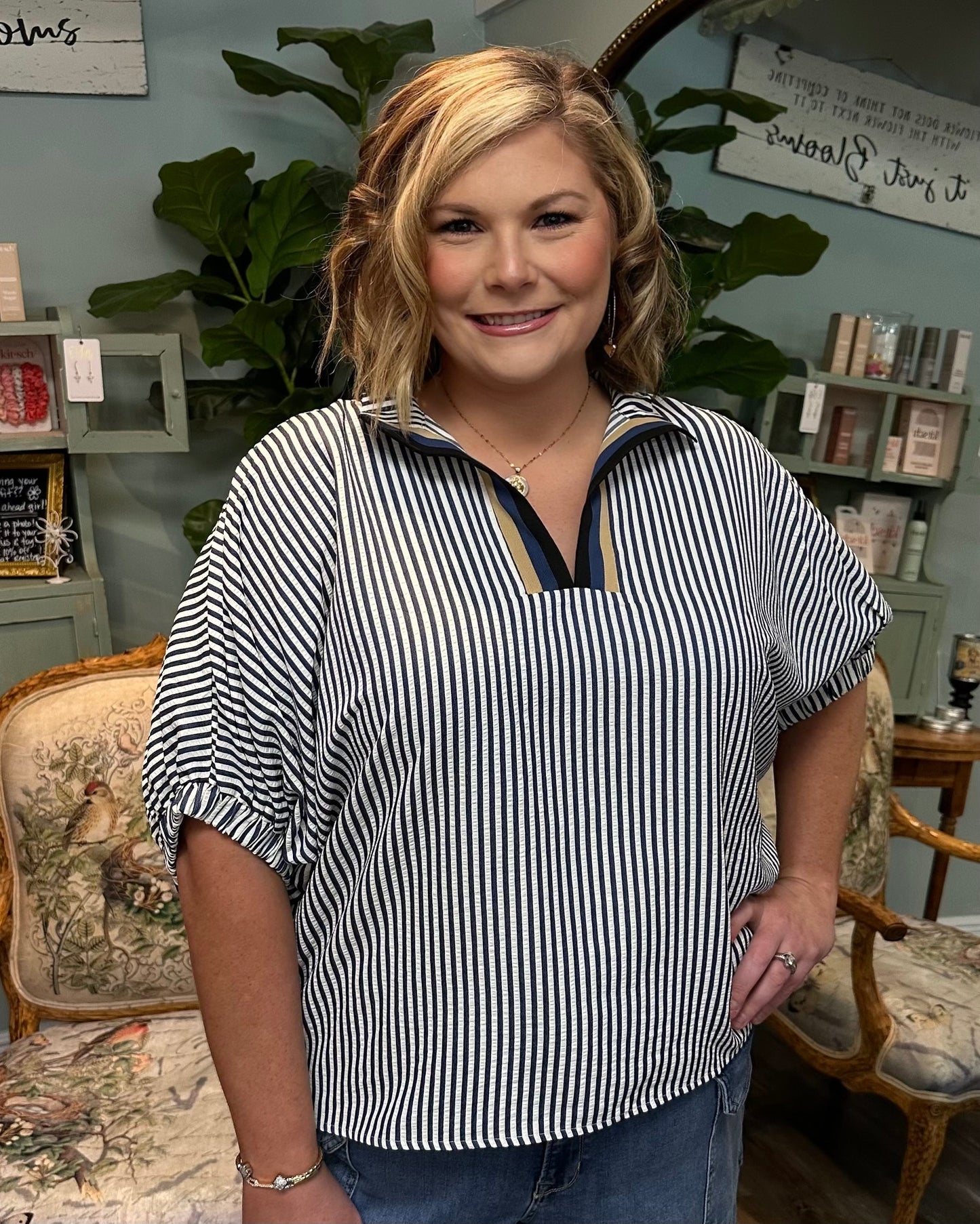 Navy Striped Dolman Top