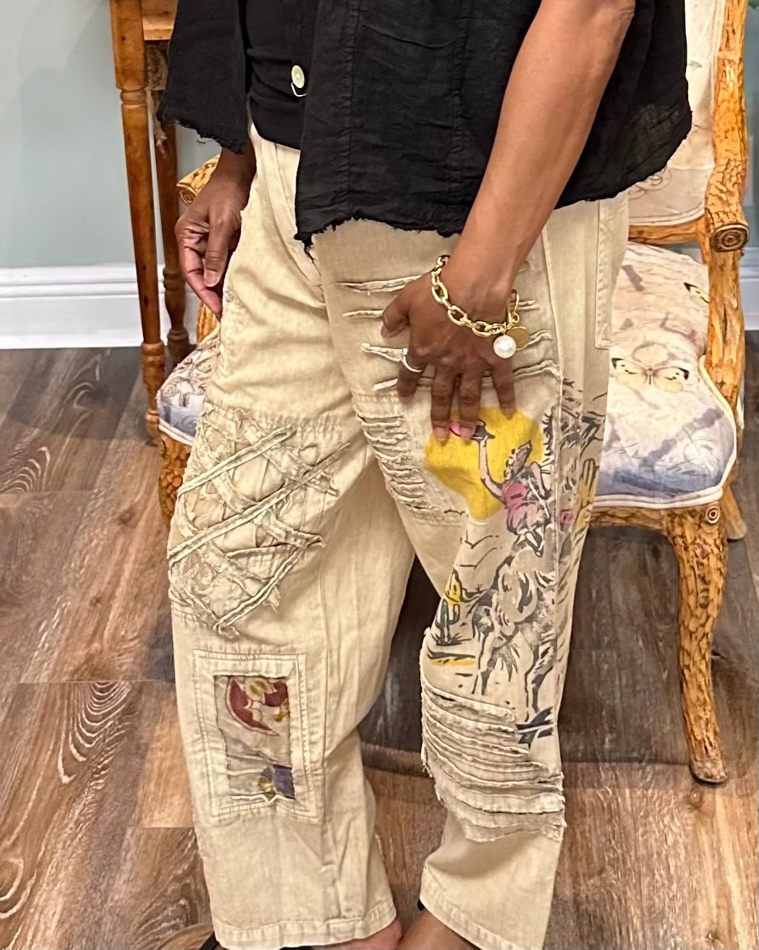 Cowgirl Printed Khaki Pants with Velvet Rusching