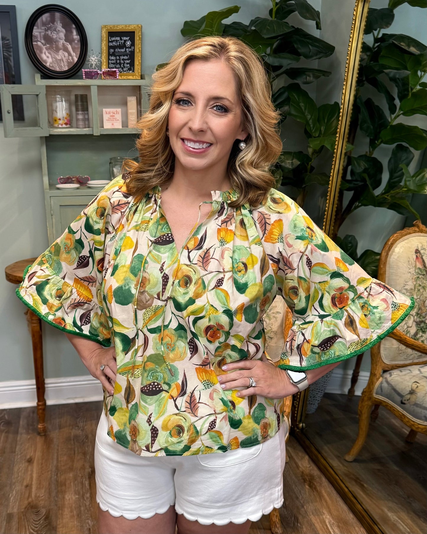 Green Fringe Detail Floral Print Top