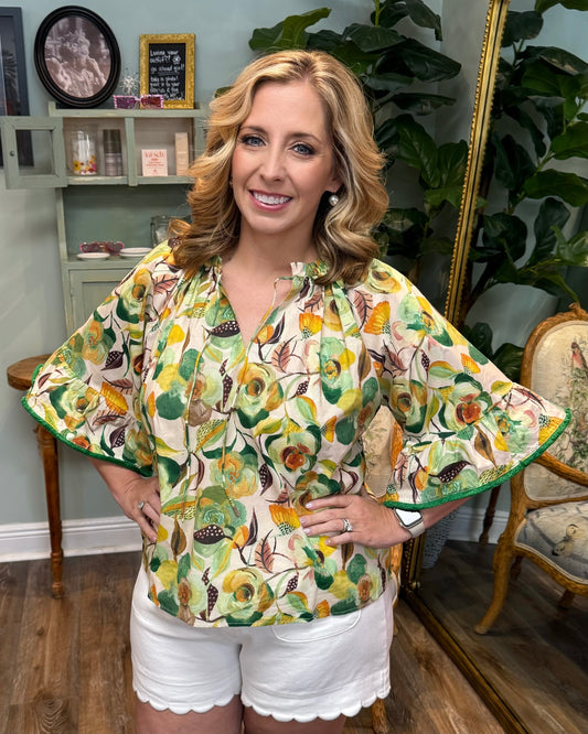 Green Fringe Detail Floral Print Top