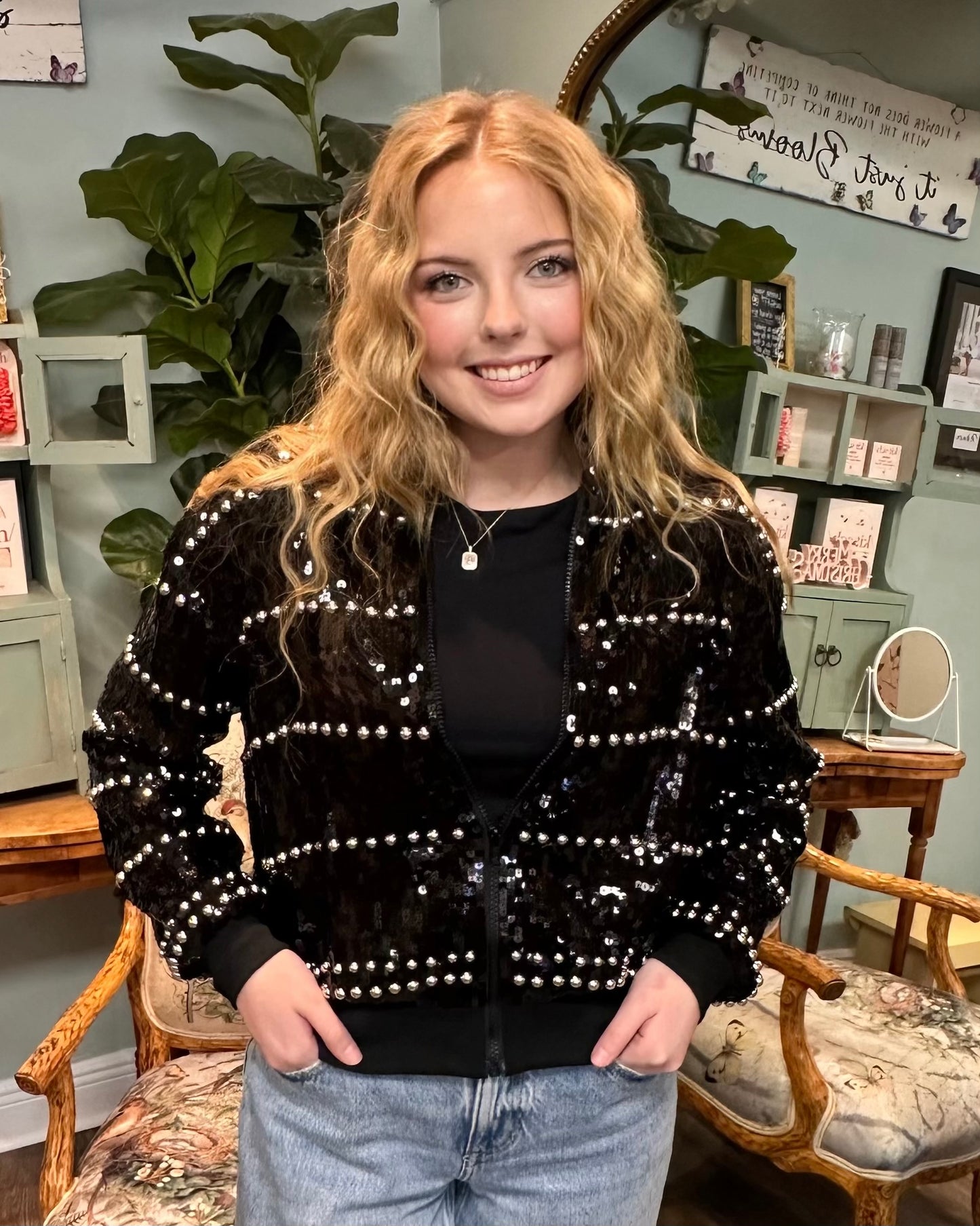 Black Sequin Bomber Jacket