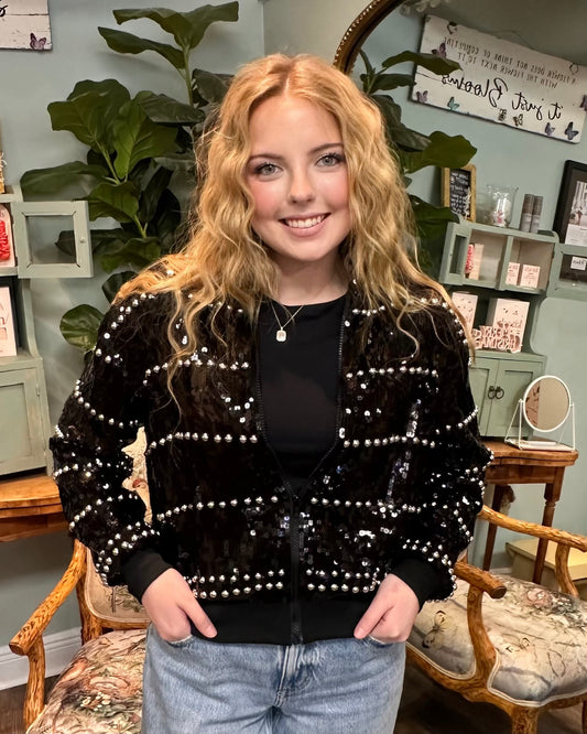 Black Sequin Bomber Jacket