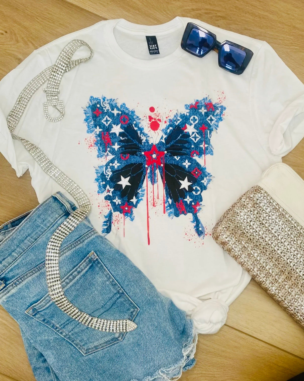 Red White & Blue Jeweled Butterfly Tee