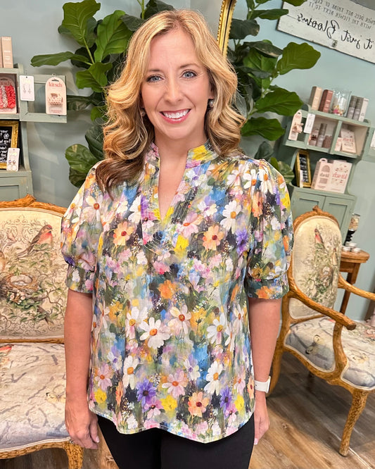 V-Neck Olive Floral Blouse