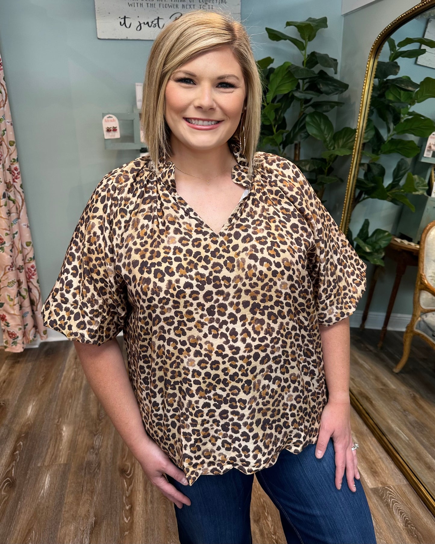 Scallop Hem Leopard Print Blouse