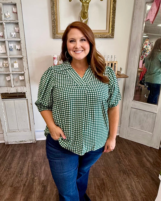Hunter Green Gingham Puff Sleeve