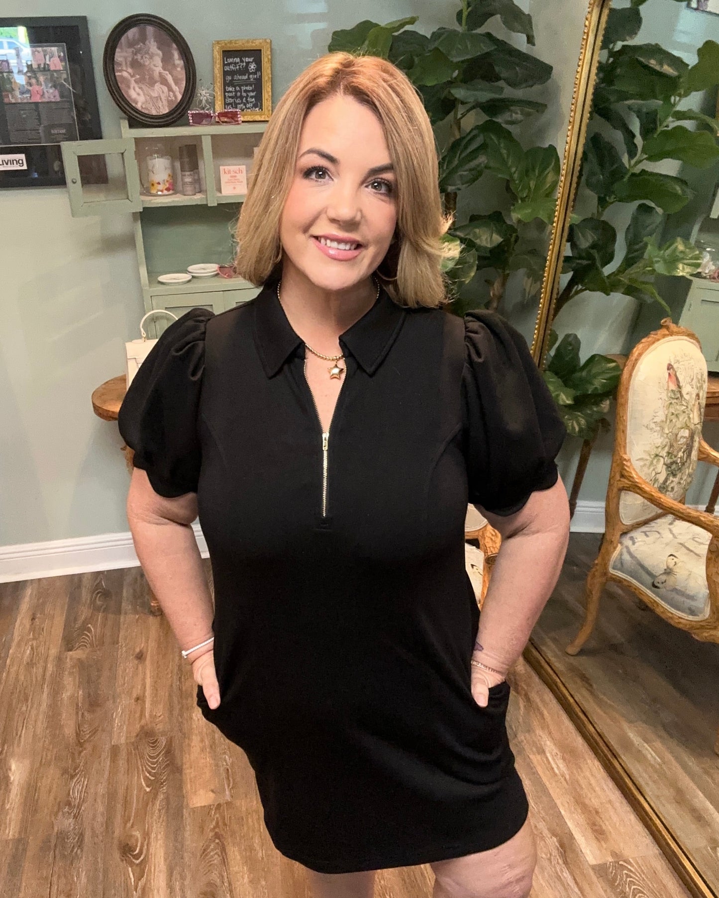 Scallop Sleeve Half Zip Shirt Dress