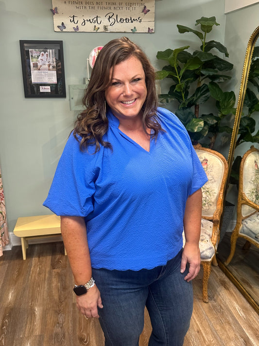 Bubble Sleeve Textured Top with Scalloped Hem