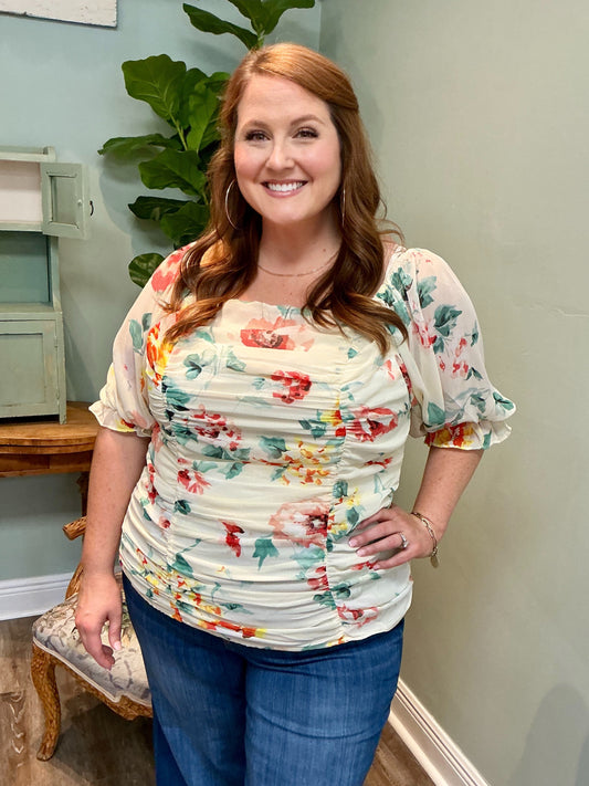 Ivory Ruched Floral Top