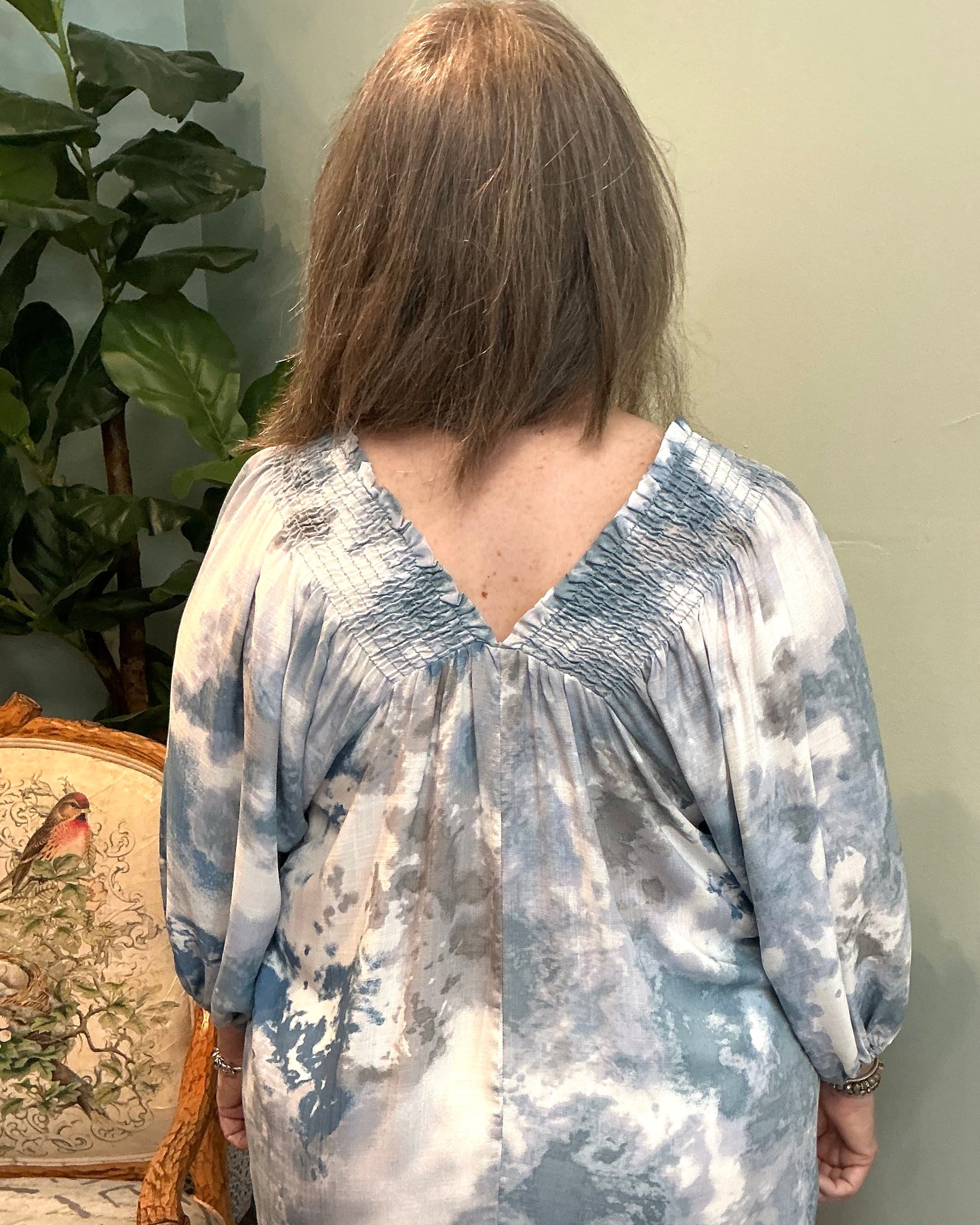 Blue Tie Dye Smocked V-neck