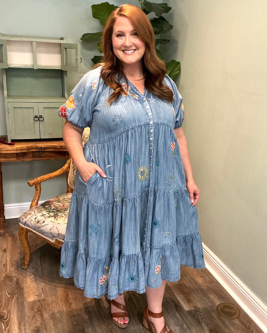 Embroidered Chambray V-neck Tiered Dress