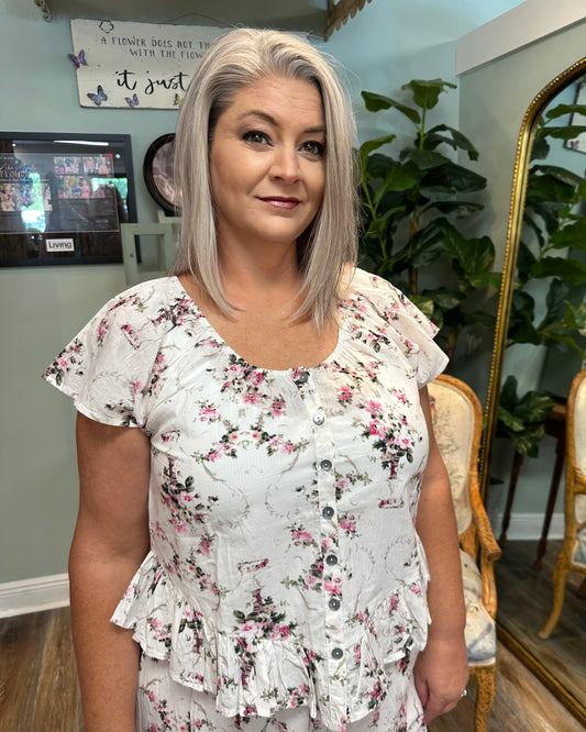 Tiered Hem Flower Print Top