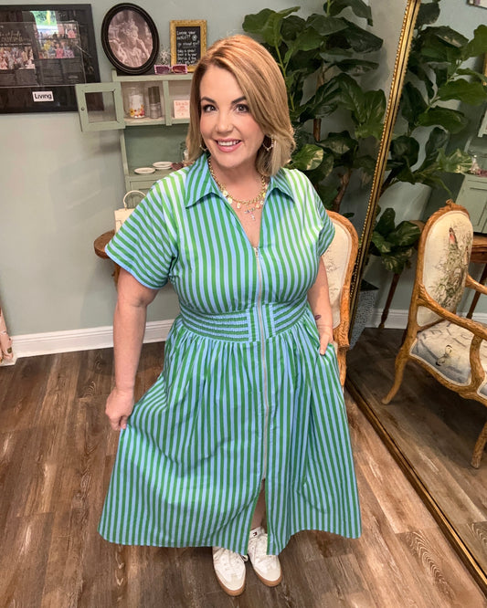 Green and Blue Striped Zip Dress with Cinched Waist