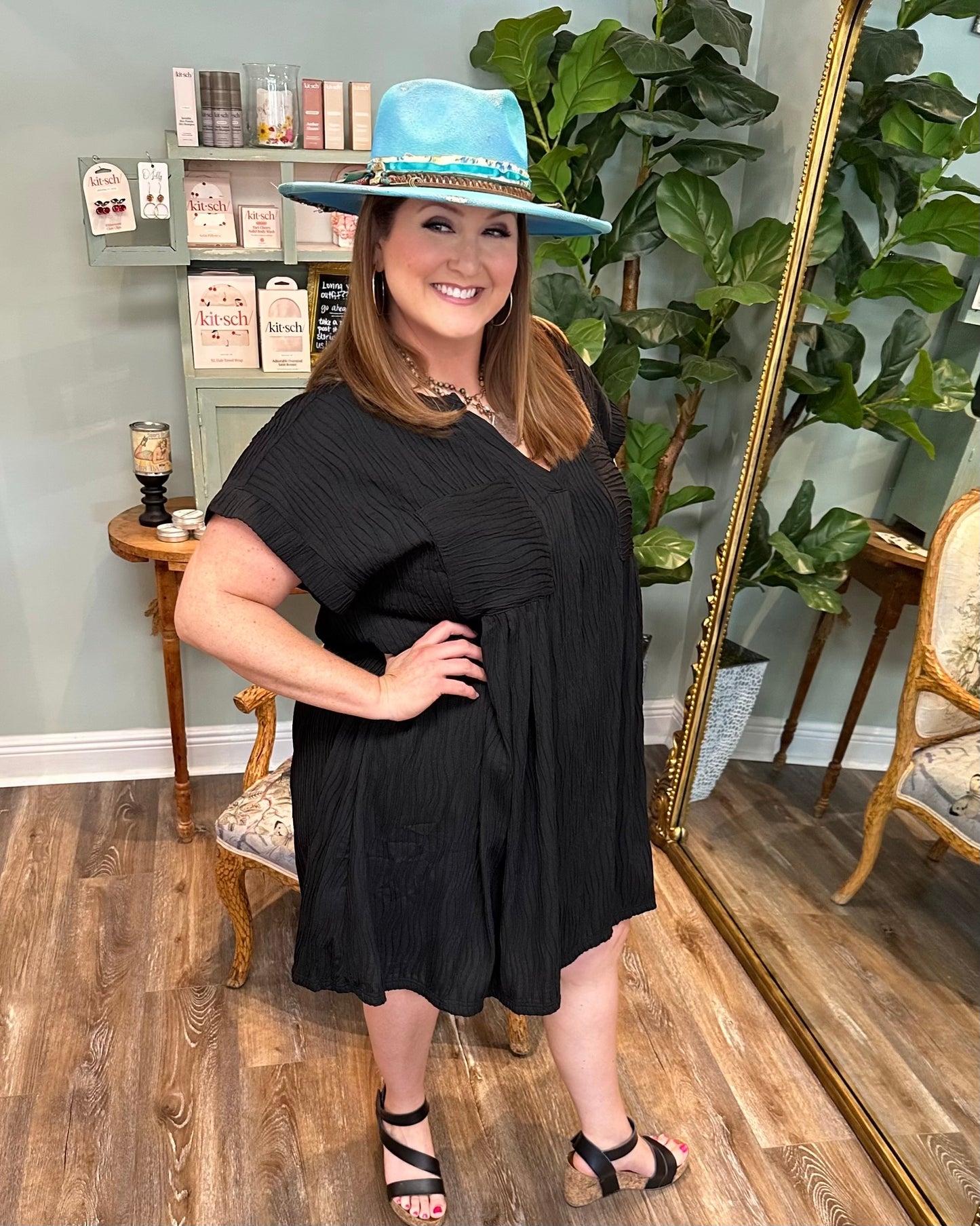 Black Textured Dress with Pockets