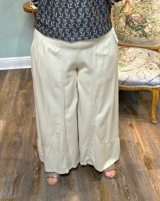 Cream Shirring Detail Pull- On Linen Pants