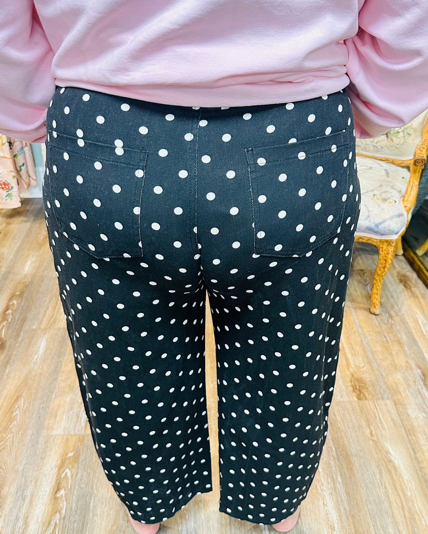 Relaxed Fit Black Polka Dot Pants with Bow