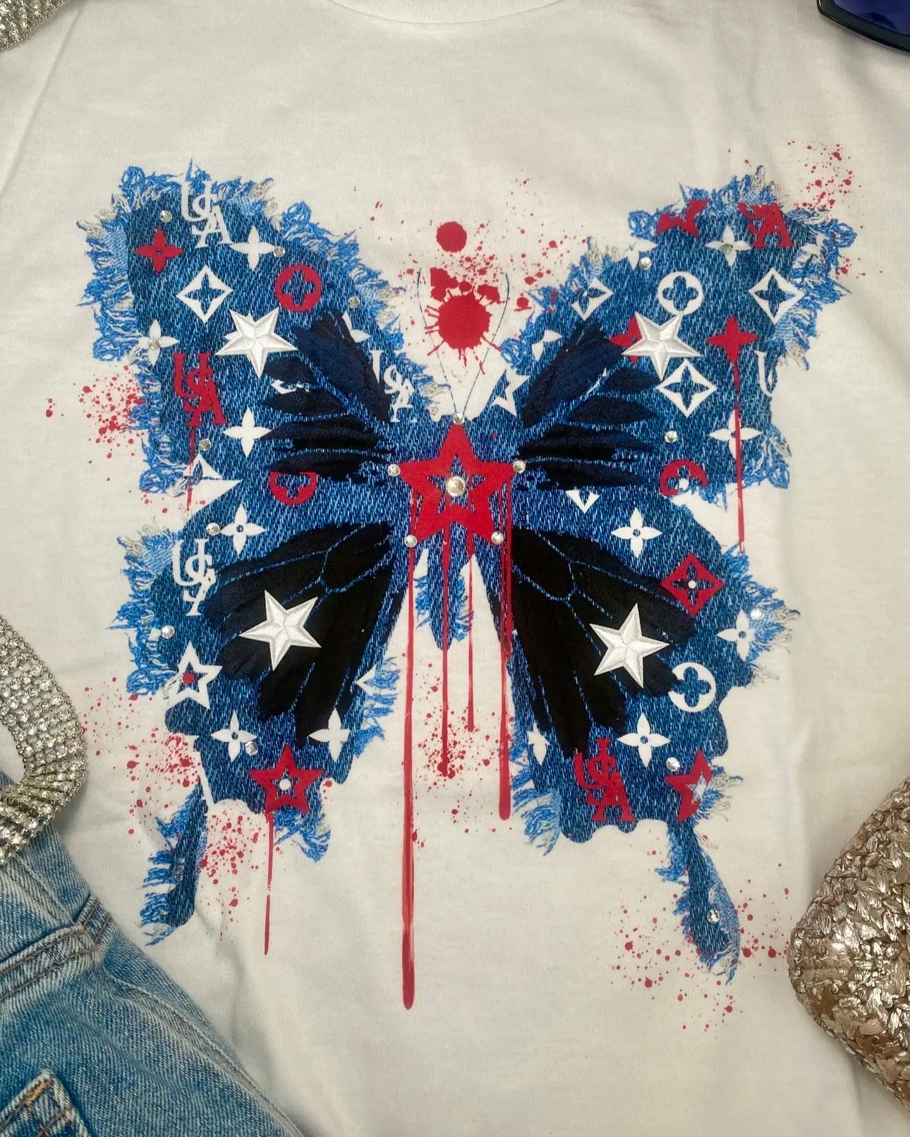 Red White & Blue Jeweled Butterfly Tee