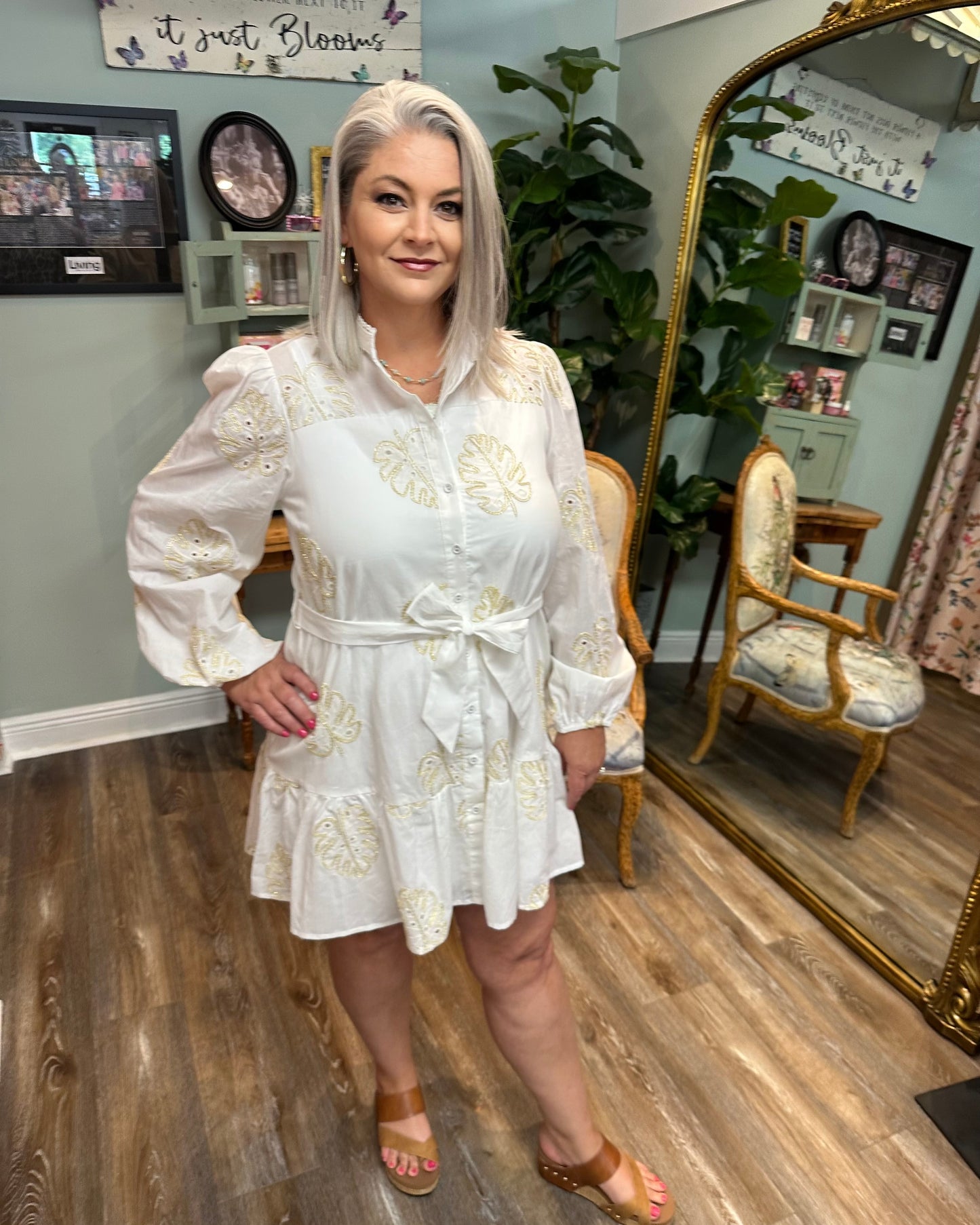 Gold Palm Leaf Print Dress