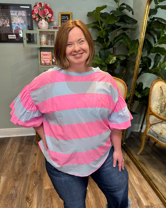 Blue and Pink Stripe Cotton Blouse