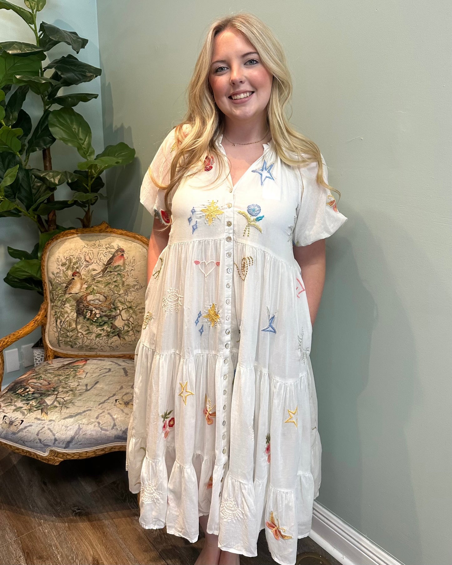 White Tiered Midi Dress with Embroidery