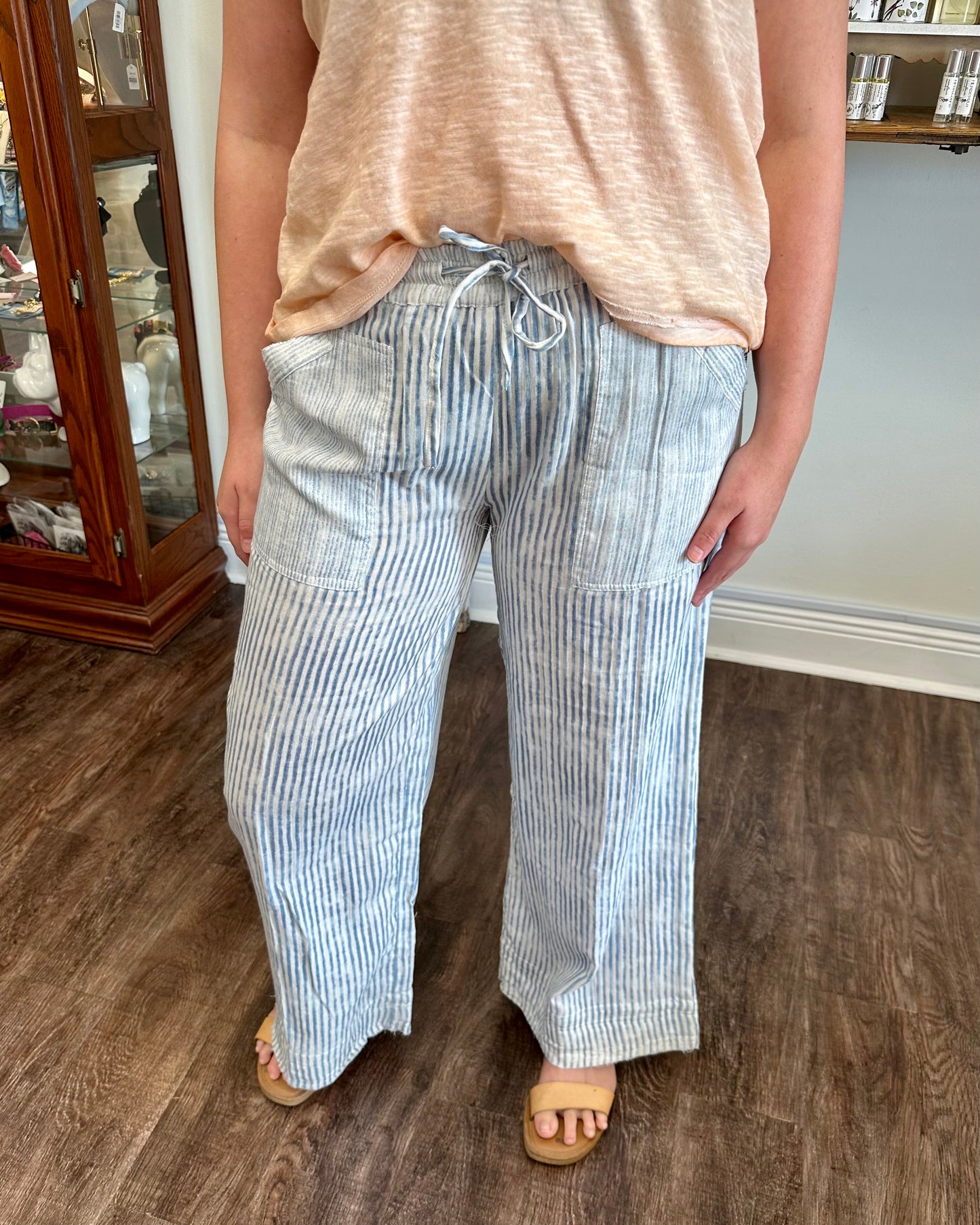 Blue and White Stripe Elastic Waist Pant