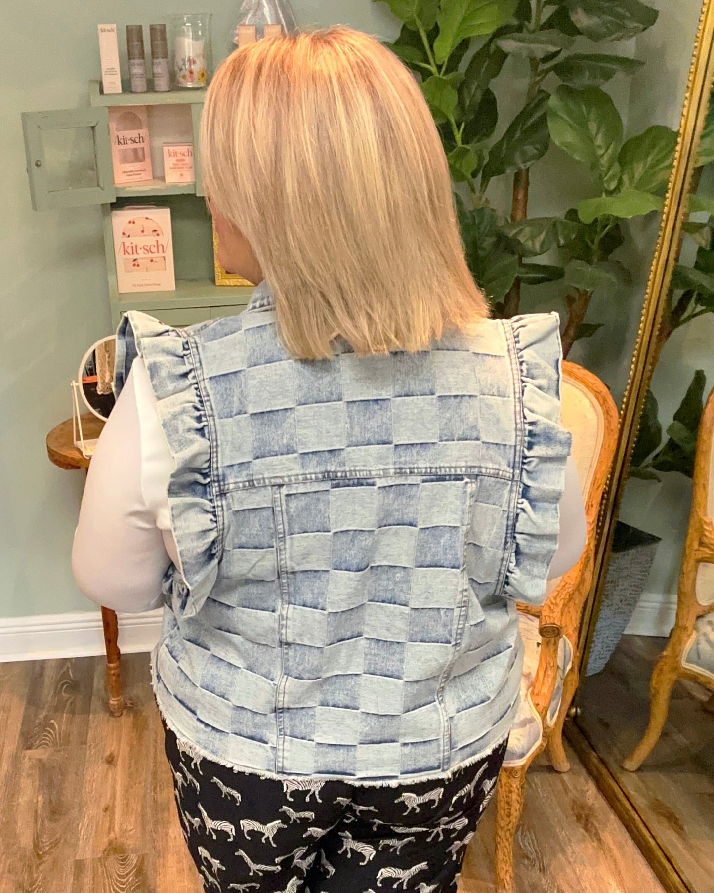 Vintage Washed Gingham Denim Vest