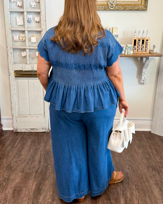 Chambray Scalloped Hem Pants