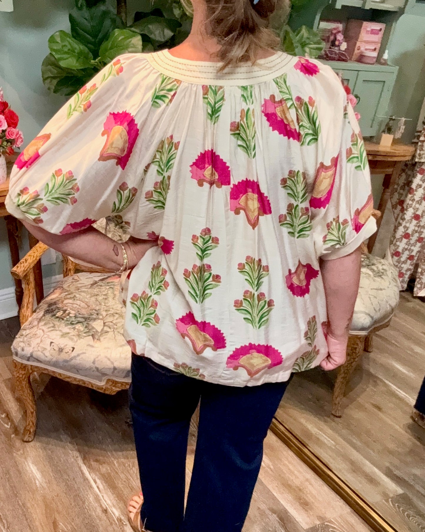 Cream Abstract Print Top