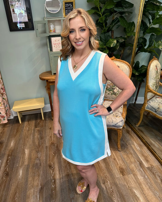 V-neck Aqua Blue Dress