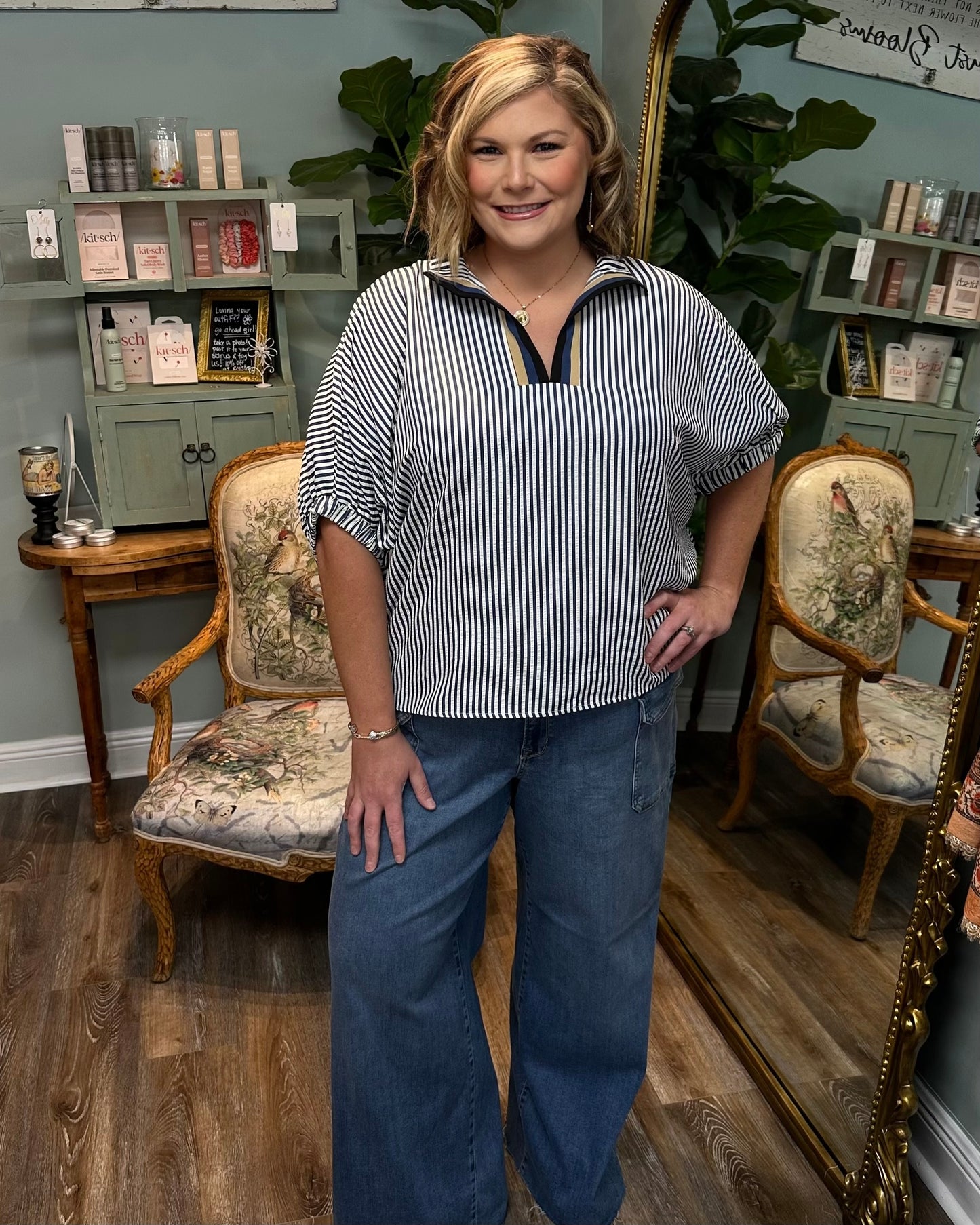 Navy Striped Dolman Top