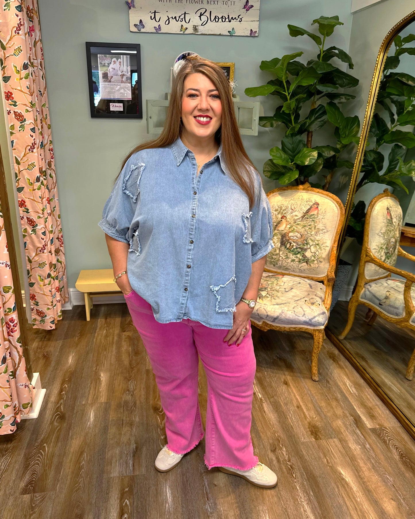 Washed Denim Frayed Edge Star Patch Top