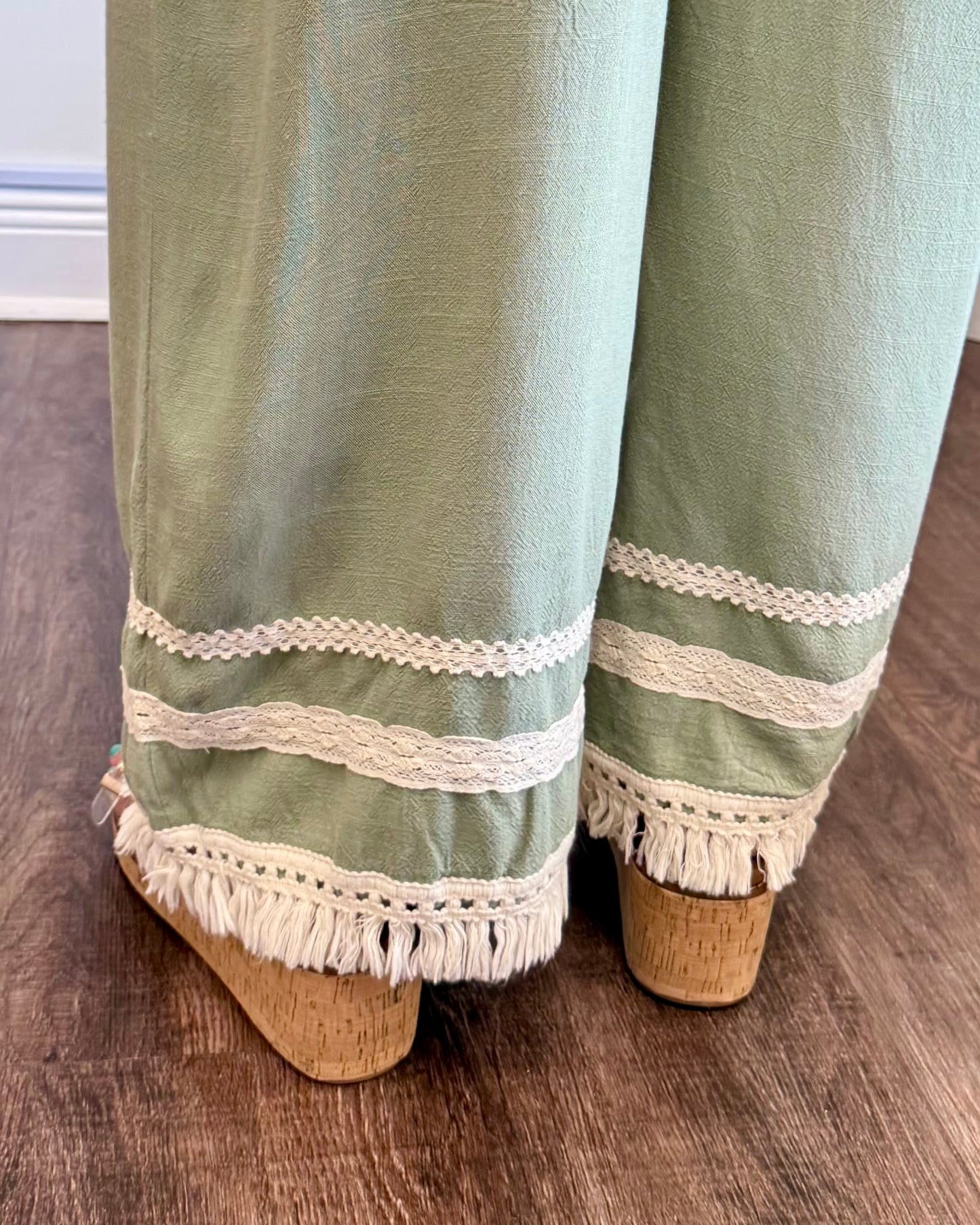 Sage Lace Trim Fringe Hem Pant