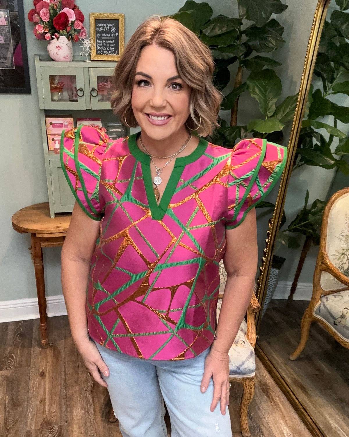Abstract Metallic Jacquard Top