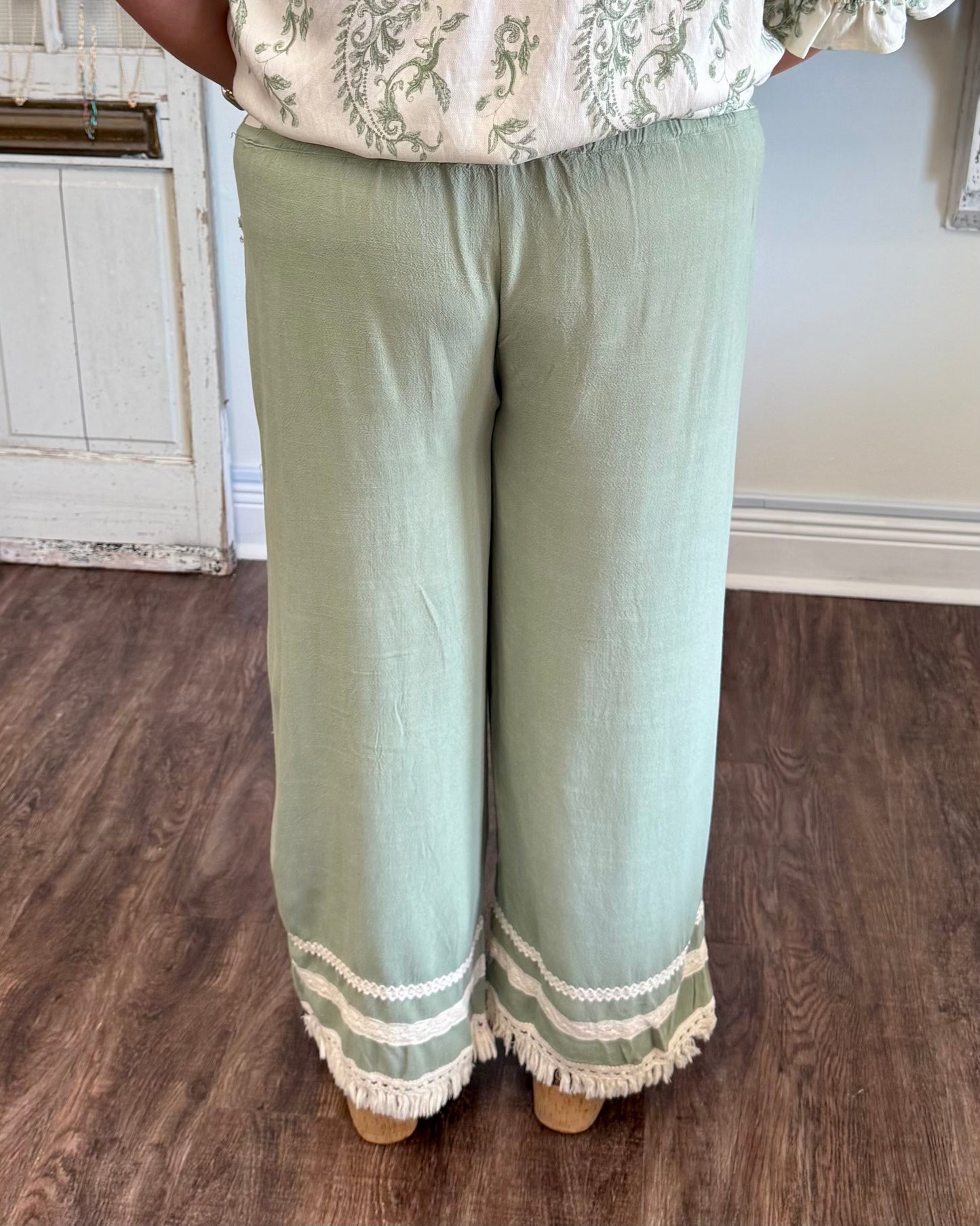 Sage Lace Trim Fringe Hem Pant