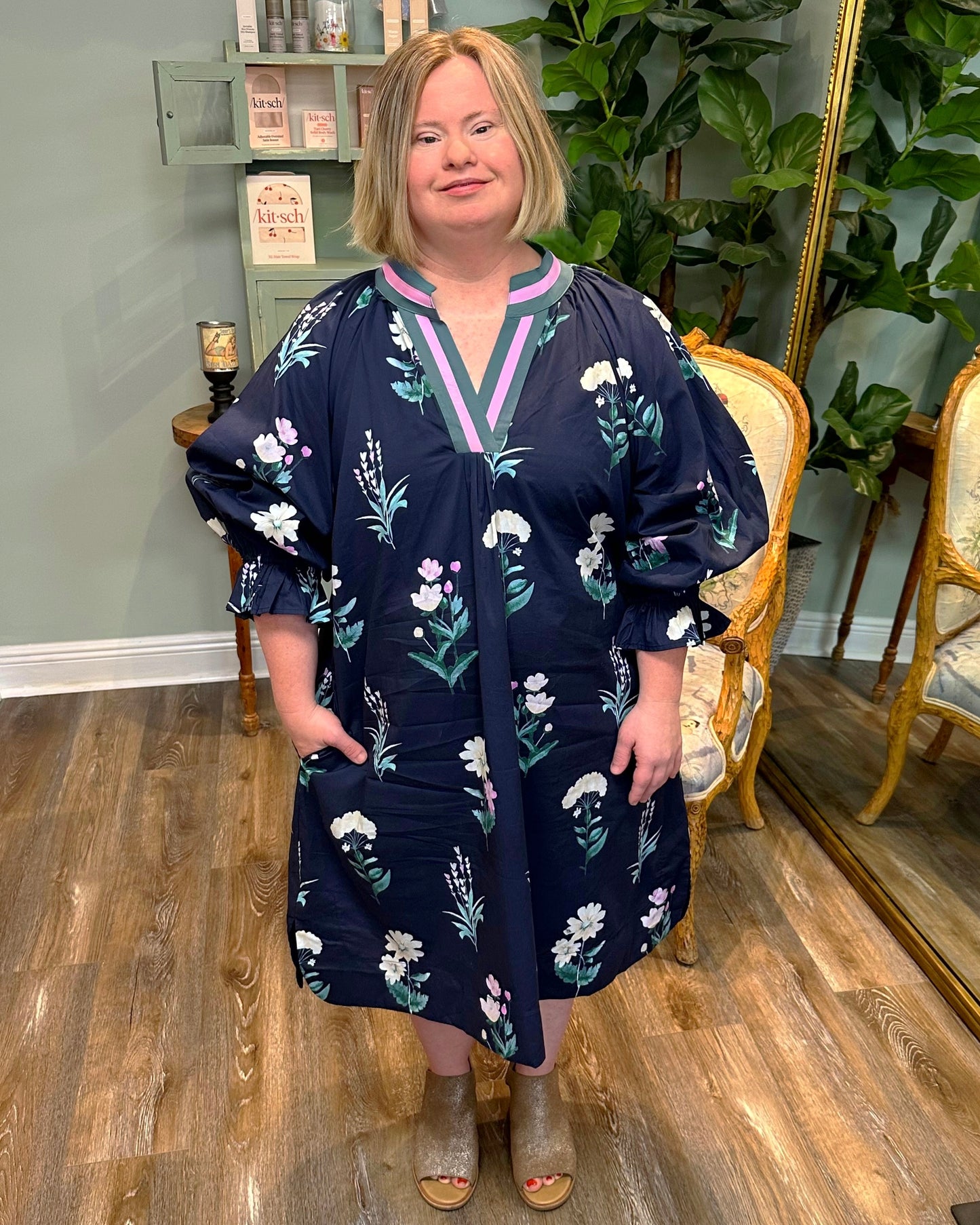 Navy Floral Print Midi Dress